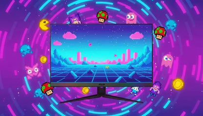 MSI gaming monitor displaying pixel art landscape with retro game characters and coins on colorful background