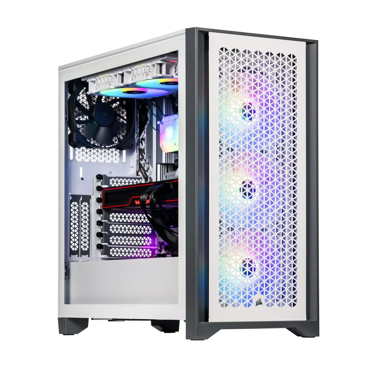 White gaming PC case with RGB fans and transparent side panel showcasing internal components