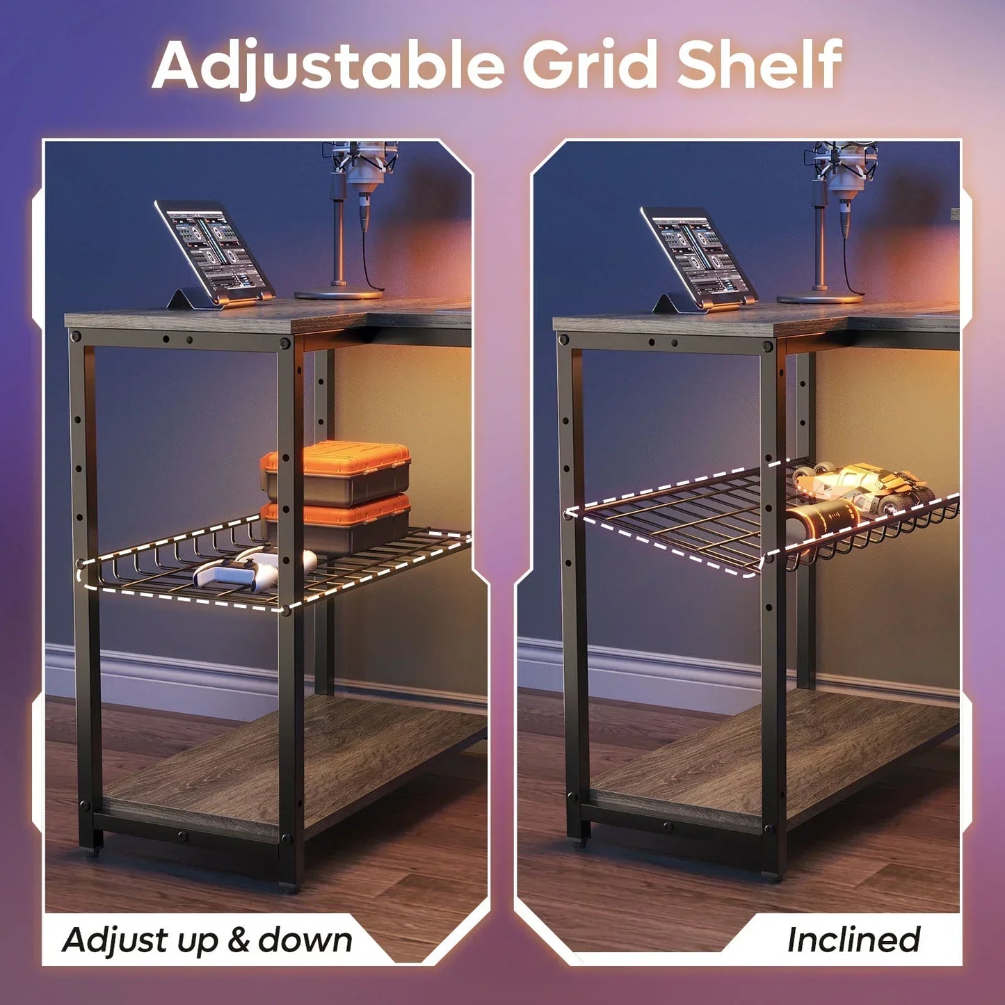 Adjustable metal grid shelf under desk in home office with tablet and tools, shown flat and inclined