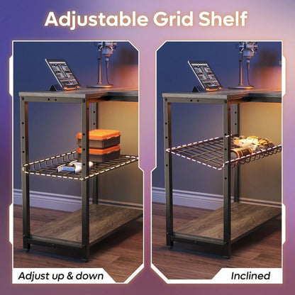 Adjustable metal grid shelf under desk in home office with tablet and tools, shown flat and inclined