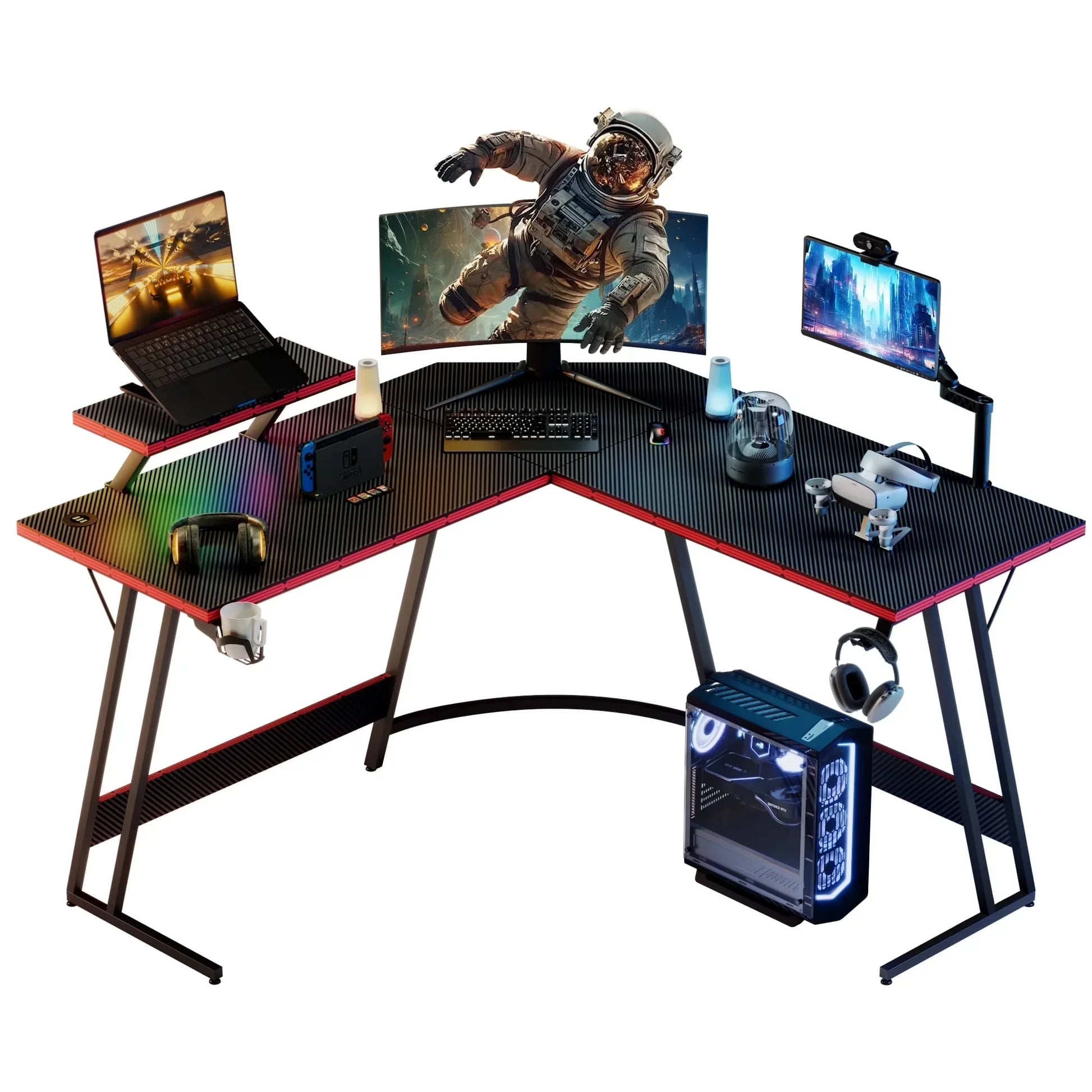 L-Shaped Gaming Desk 51.2 Inches Corner Office Gaming Desk with Removable Monitor Riser, Pink