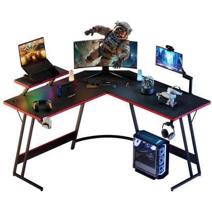 L-Shaped Gaming Desk 51.2 Inches Corner Office Gaming Desk with Removable Monitor Riser, Pink