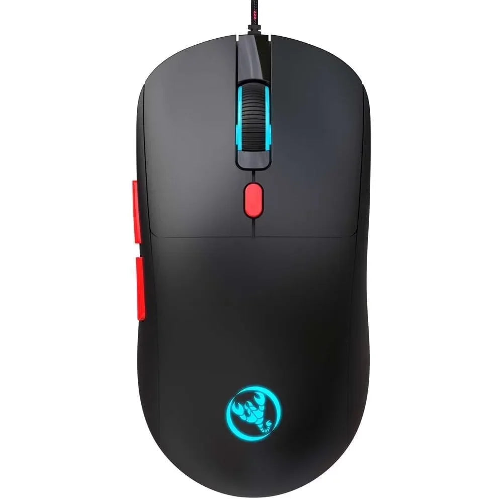 Black wired gaming mouse with blue LED logo and scroll wheel, featuring red side and center buttons