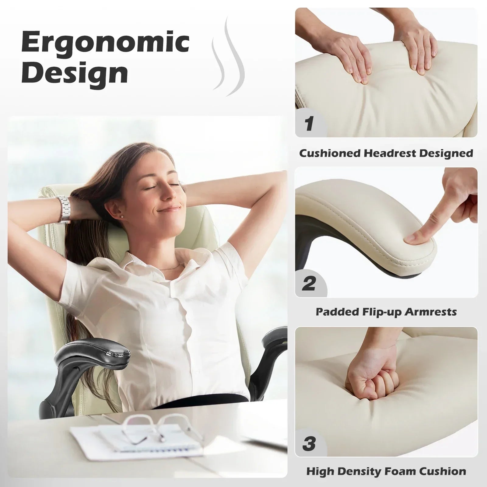 Ergonomic office chair with cushioned headrest, flip-up armrests, and high-density foam for comfort