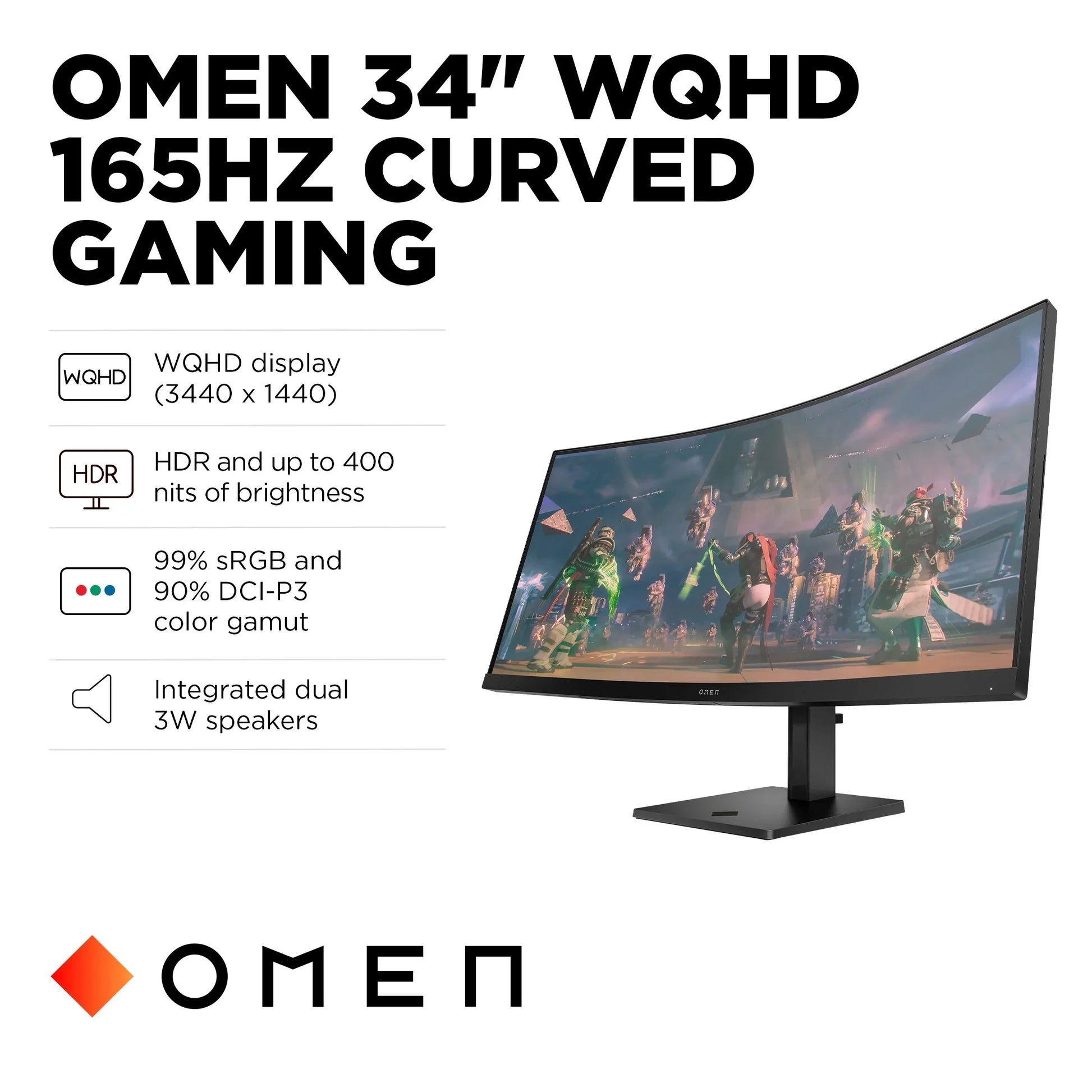 OMEN 34-inch curved gaming monitor with WQHD 3440x1440 display and 165Hz refresh rate