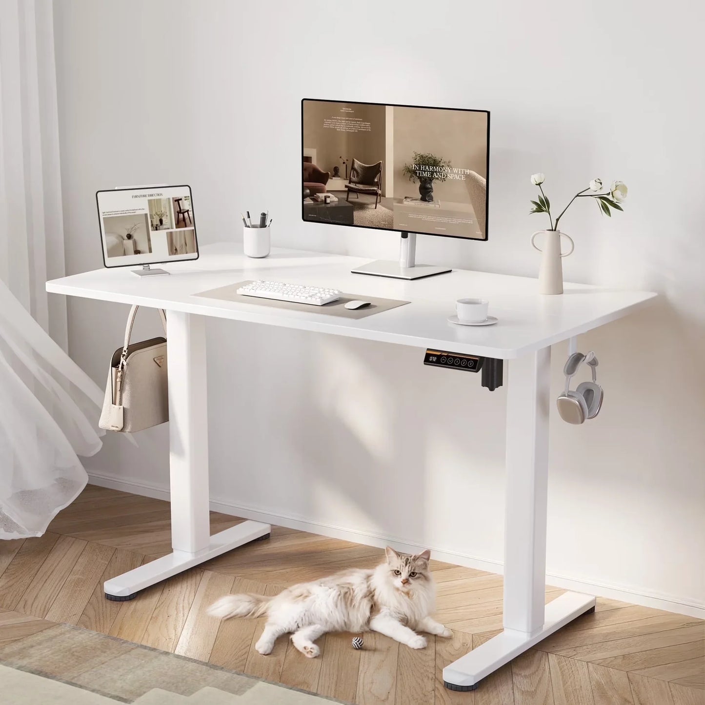 48" Electric Standing Desk - Adjustable Height Stand up Home Office Desk, Sit to Stand Desk with Splice Board, Rustic Brown Computer Table for Corner Small Space