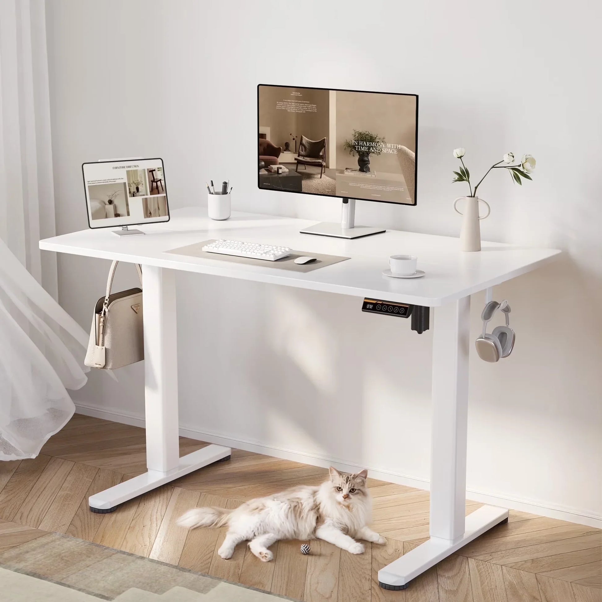48" Electric Standing Desk - Adjustable Height Stand up Home Office Desk, Sit to Stand Desk with Splice Board, Rustic Brown Computer Table for Corner Small Space