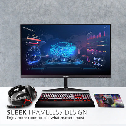 Sleek frameless ViewSonic monitor with gaming keyboard, mouse, and headset on white desk