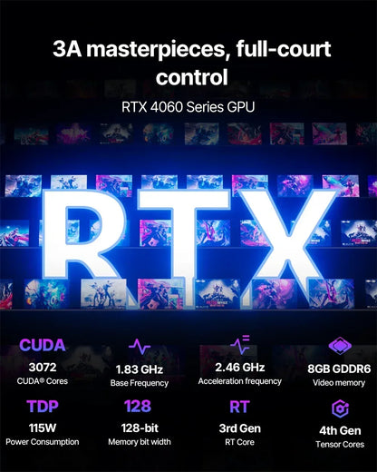 RTX 4060 Series GPU gaming specs graphic with colorful visuals and hardware features highlighted