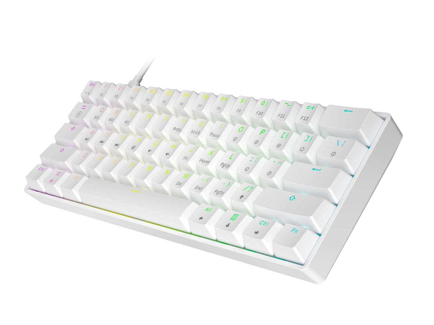 Compact white mechanical keyboard with RGB backlit keys and USB cable connection