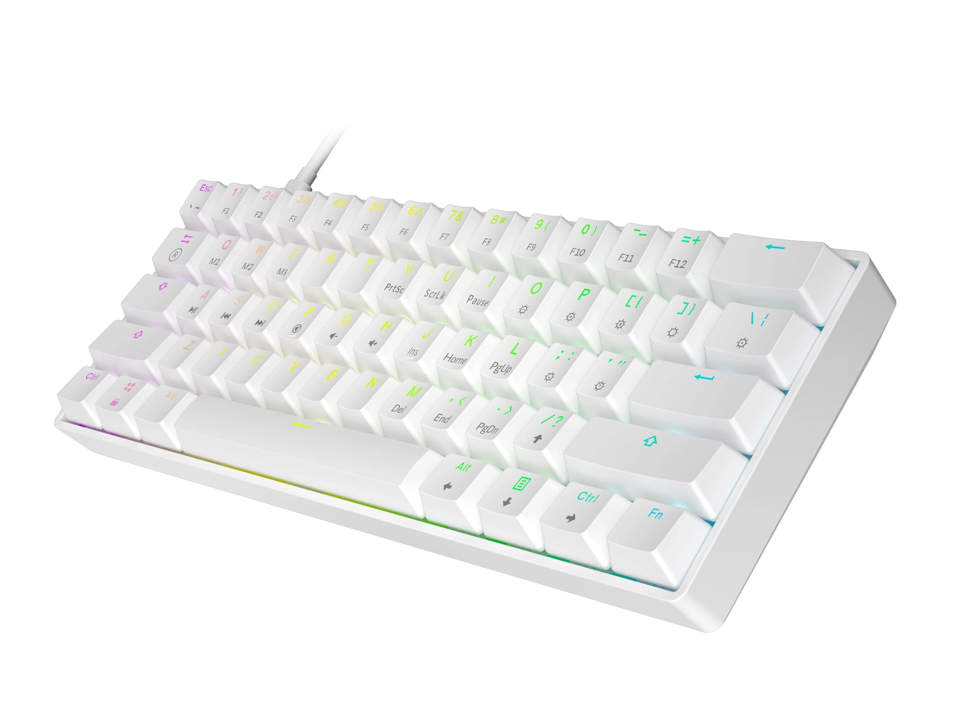 Compact white mechanical keyboard with RGB backlit keys and USB cable connection