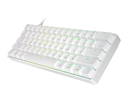 Compact white mechanical keyboard with RGB backlit keys and USB cable connection