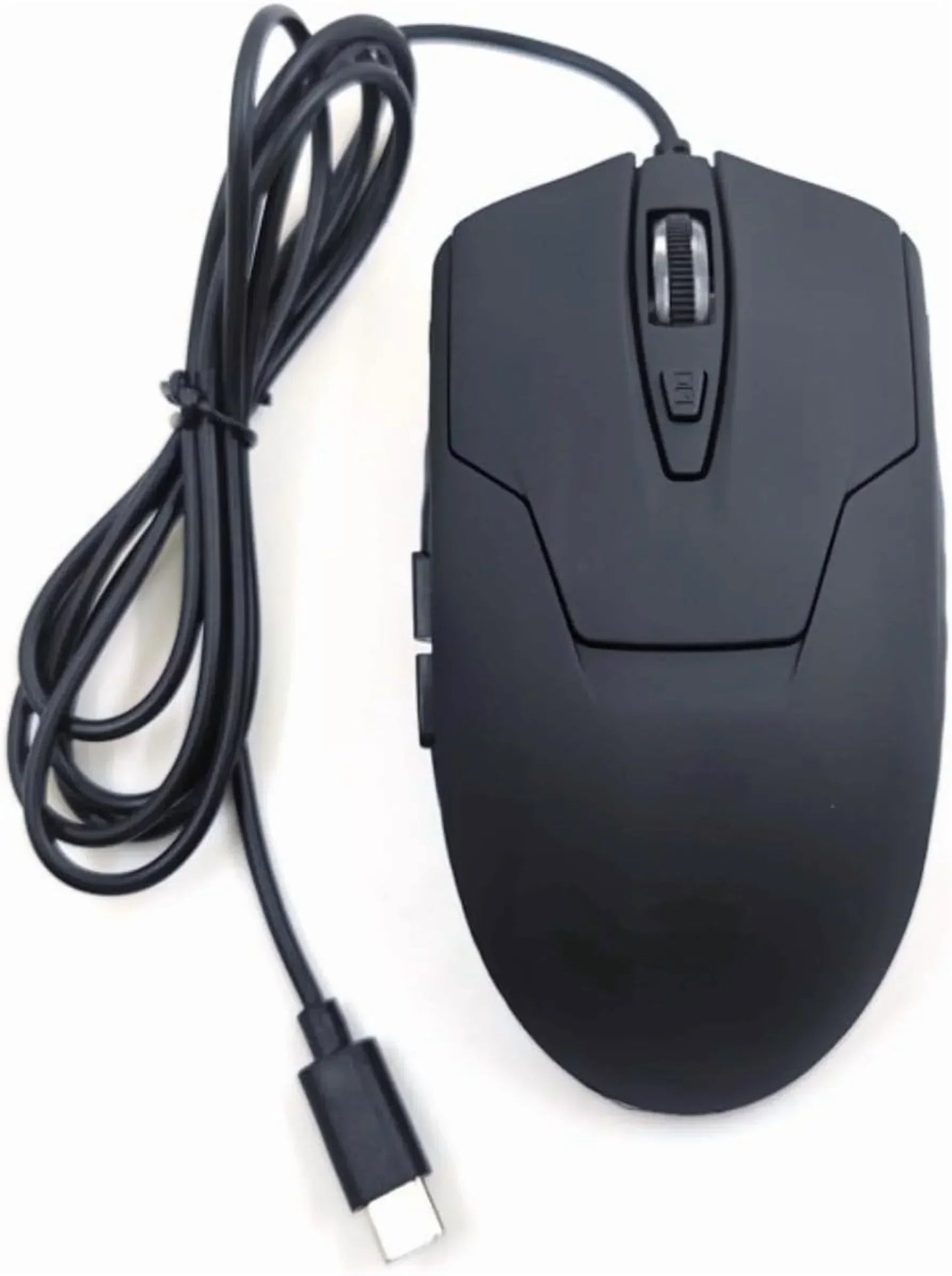 Black wired gaming mouse with USB-C connector on white background