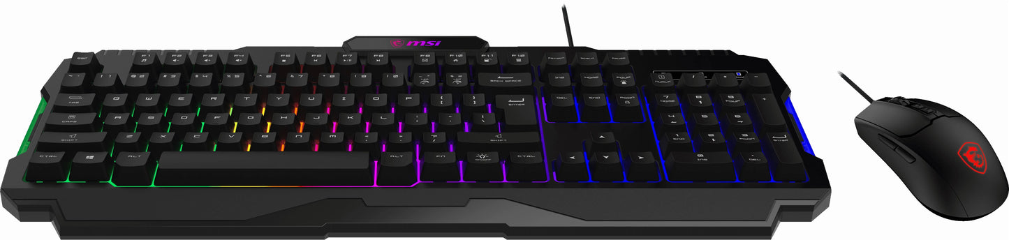 MSI gaming keyboard with RGB backlight and wired MSI gaming mouse with red logo
