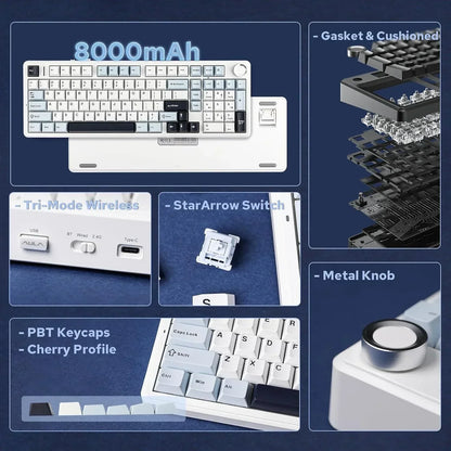 White tri-mode wireless gaming keyboard with PBT keycaps, metal knob, gasket mount, and 8000mAh battery from Byte Style.
