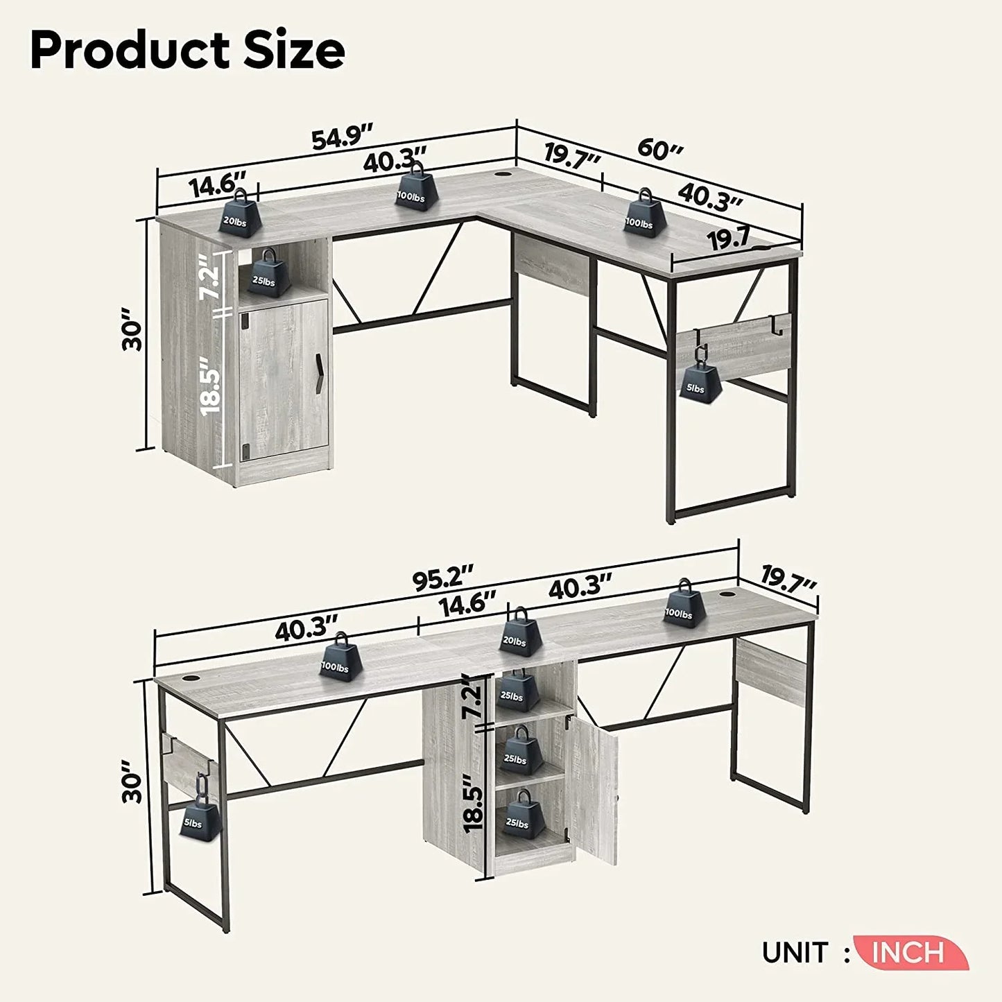 Reversible 60" L Shaped Computer Desk with Storage Cabinet Long Desk for 2 Person Wash White