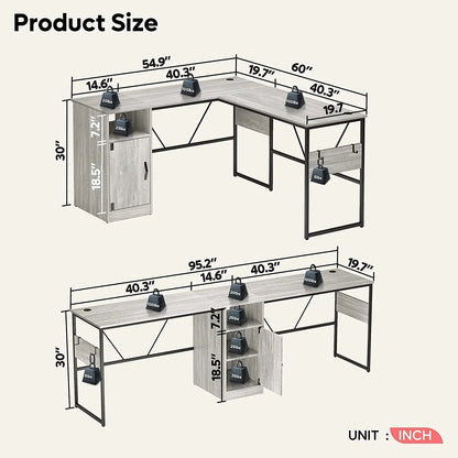 Reversible 60" L Shaped Computer Desk with Storage Cabinet Long Desk for 2 Person Wash White