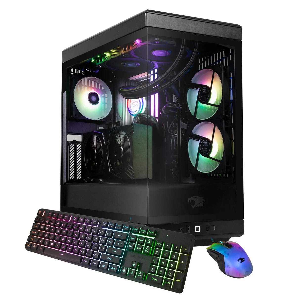 Gaming PC tower with RGB-lit cooling fans, RGB mechanical keyboard, and RGB gaming mouse