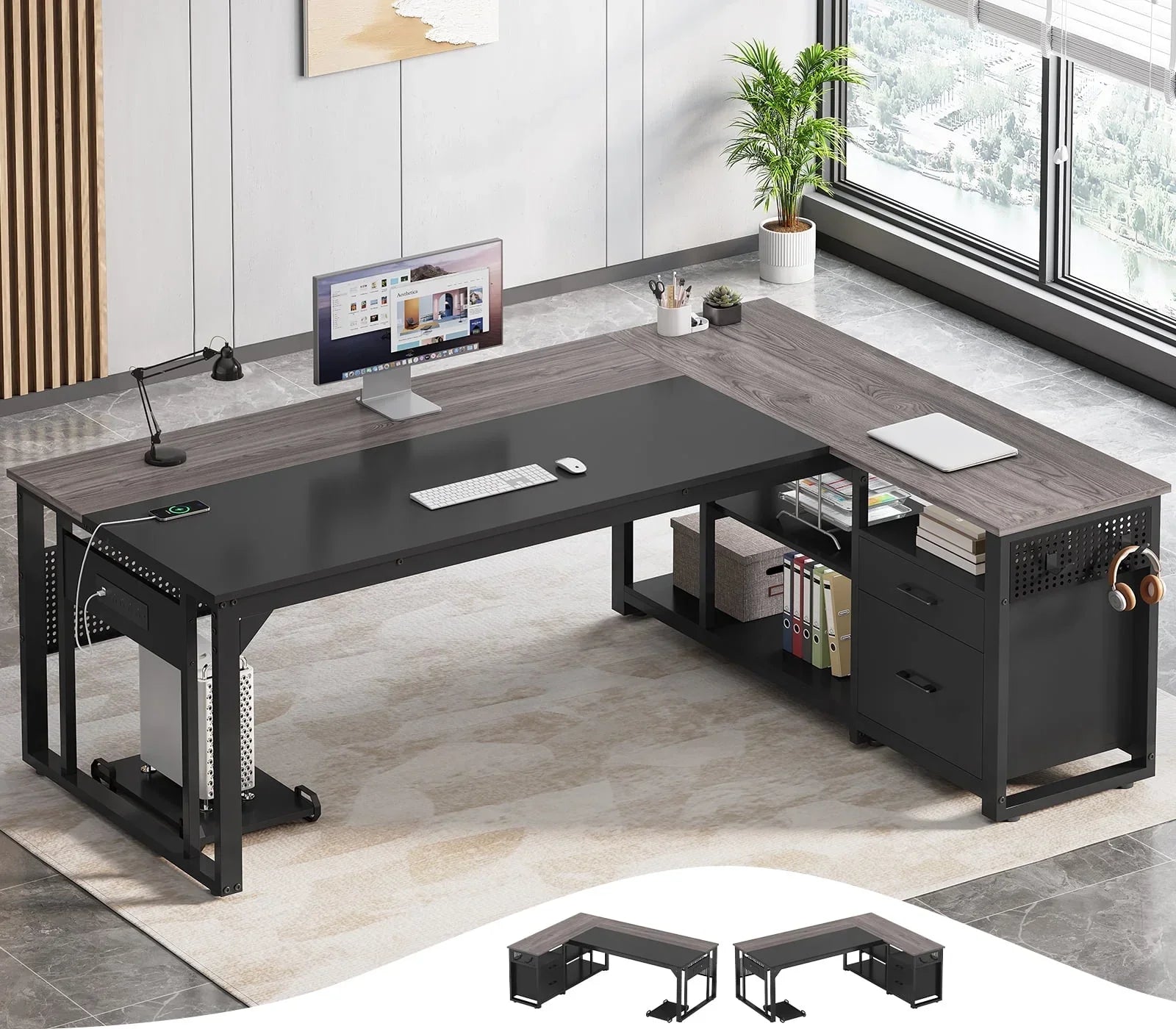 71" Executive Desk with Power Outlets, Modern L Shaped Office Desk with File Drawers and Pegboard, Large Computer Desk, Marble Black
