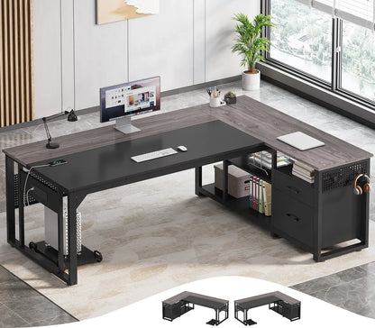 71" Executive Desk with Power Outlets, Modern L Shaped Office Desk with File Drawers and Pegboard, Large Computer Desk, Marble Black