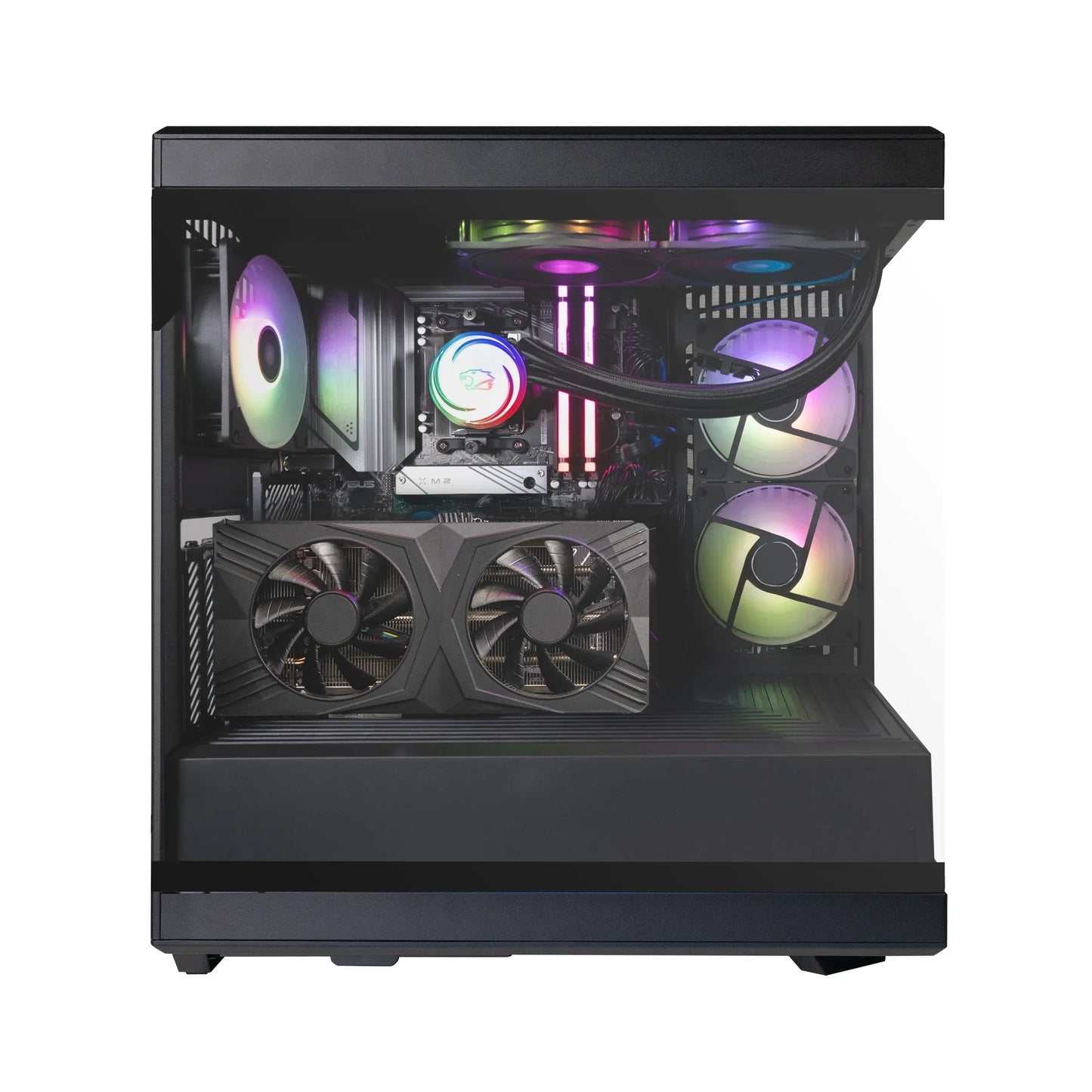 High-performance gaming PC with RGB-lit cooling fans, liquid CPU cooler, dual memory sticks, and dual-fan graphics card