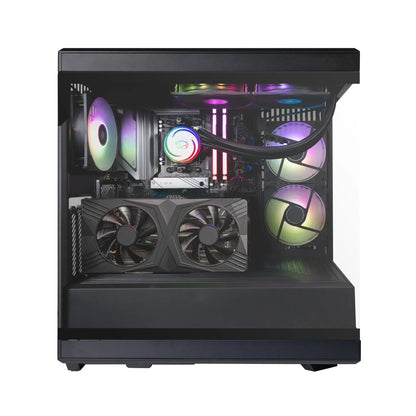 High-performance gaming PC with RGB-lit cooling fans, liquid CPU cooler, dual memory sticks, and dual-fan graphics card