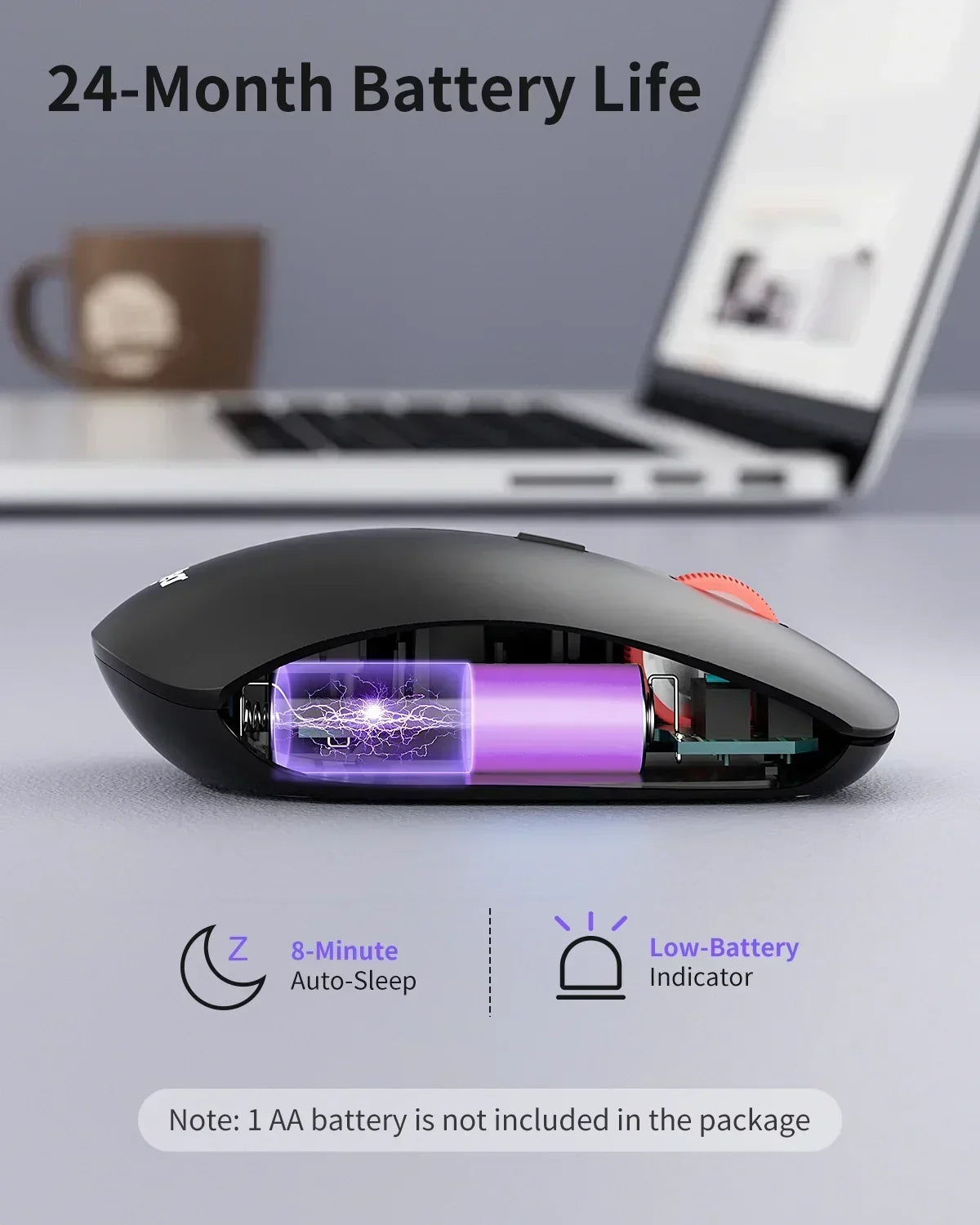 Wireless gaming mouse with 24-month battery life, auto-sleep, low-battery indicator, desktop setup