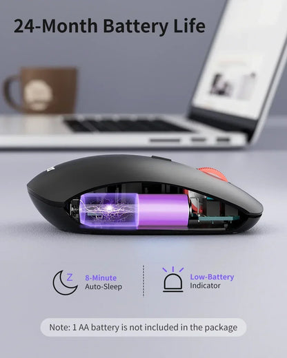 Wireless gaming mouse with 24-month battery life, auto-sleep, low-battery indicator, desktop setup