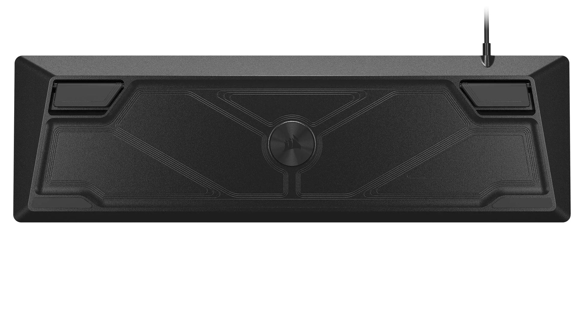 Back view of a black Corsair gaming keyboard with textured design, shown on white background