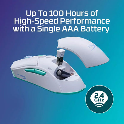White HyperX wireless gaming mouse with open battery compartment showing USB receiver and AAA battery, 2.4 GHz wireless