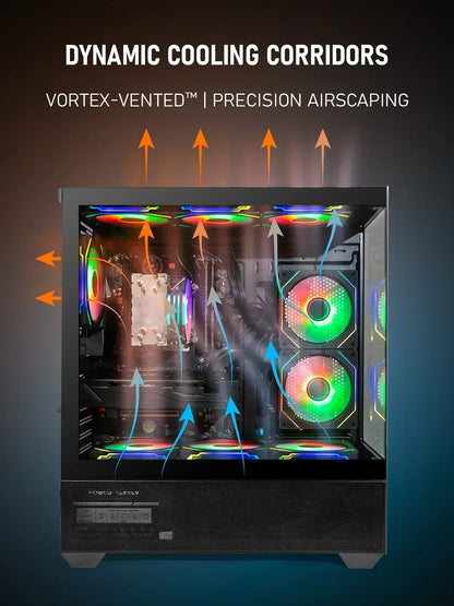 Gaming PC case with RGB fans, showing dynamic airflow and cooling corridors.