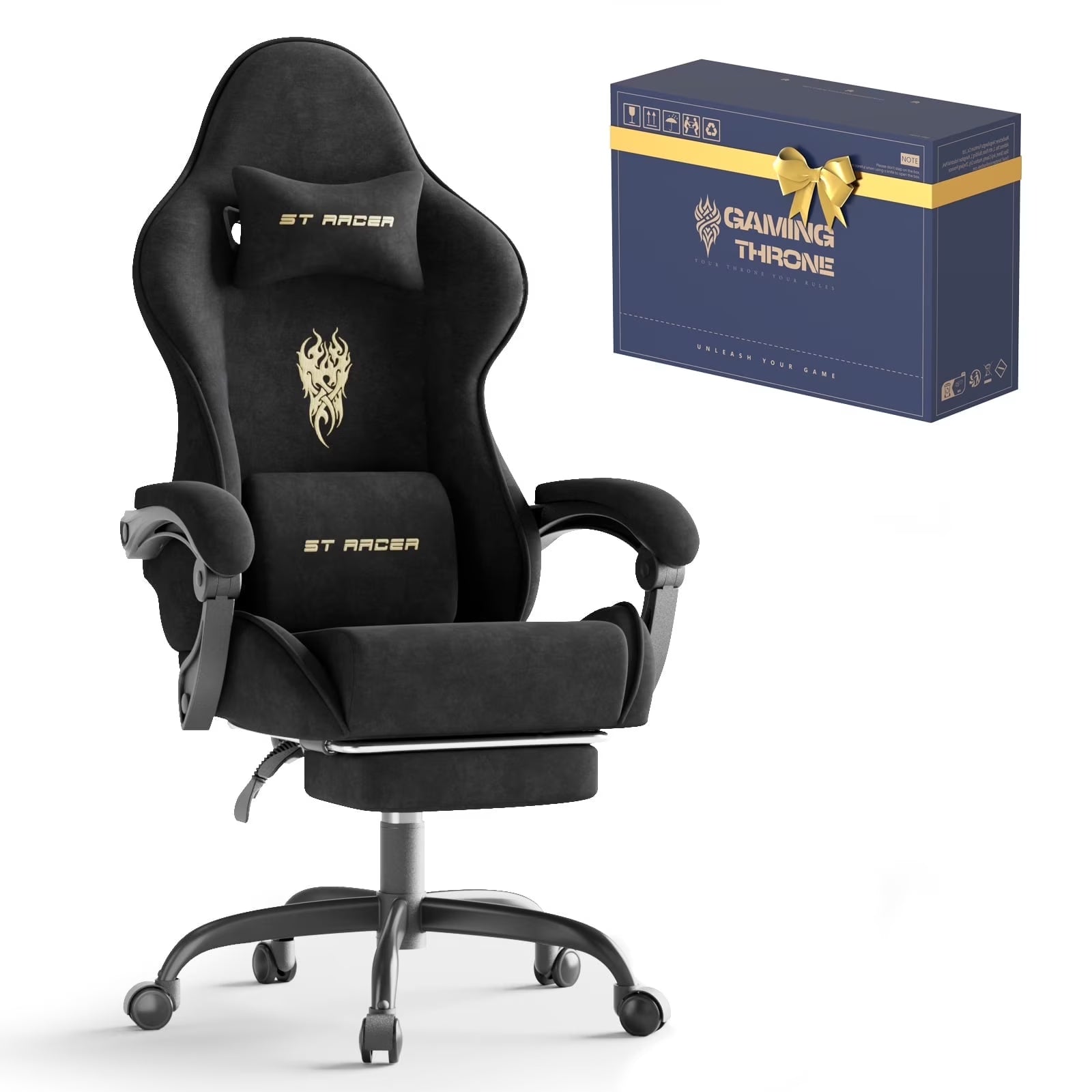Black ST Racer gaming chair with gold logo, lumbar & neck pillows, and matching box for gaming setup