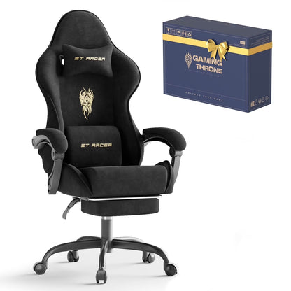 Black ST Racer gaming chair with gold logo, lumbar & neck pillows, and matching box for gaming setup