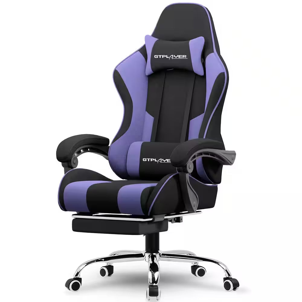 Purple and black GTPLAYER gaming chair with lumbar support and footrest, ideal for PC gaming setups