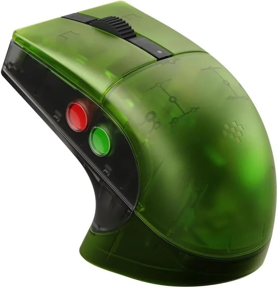 Retro green translucent gaming mouse with red and green side buttons, ergonomic design
