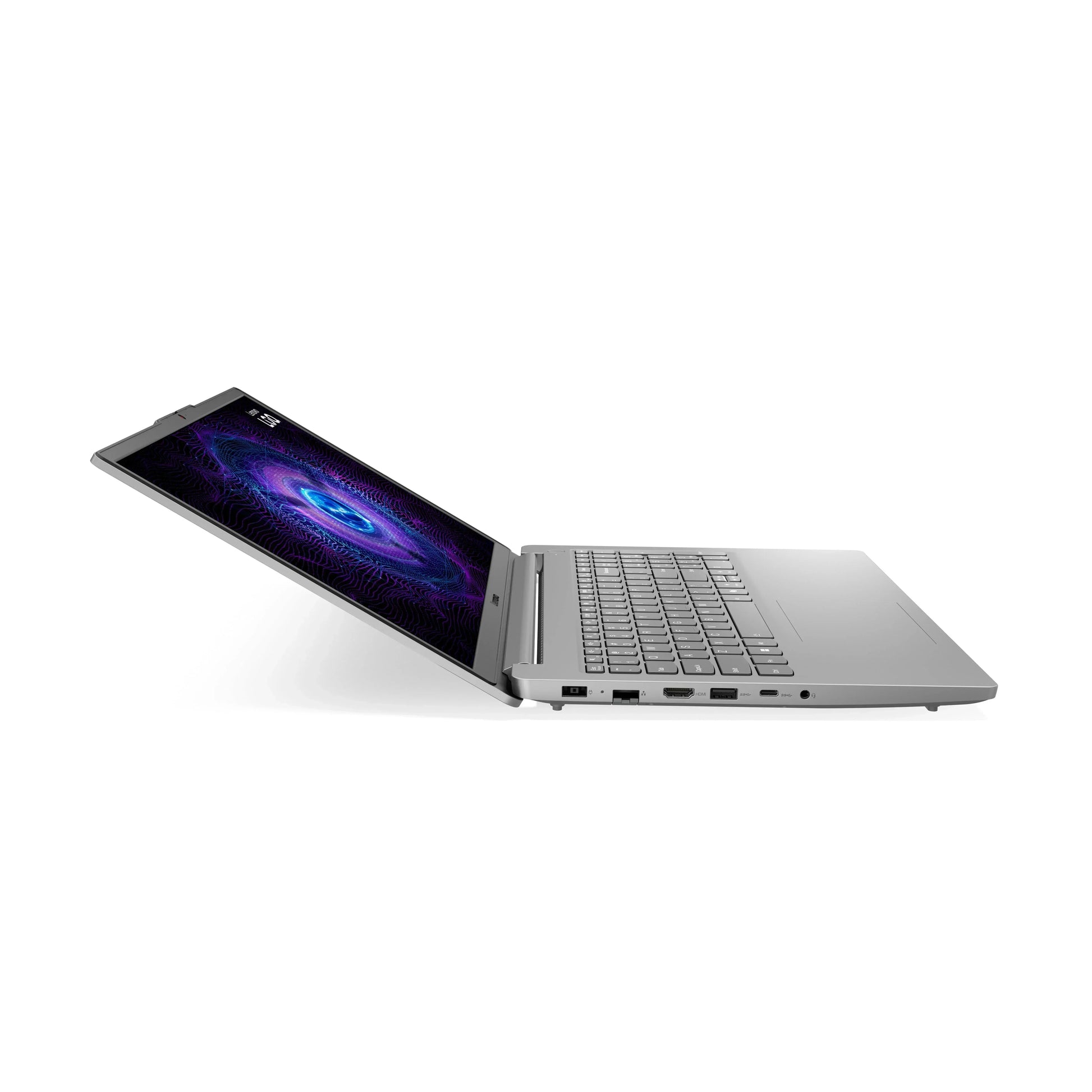 Slim silver gaming laptop with RGB screen open to the side, showing multiple ports