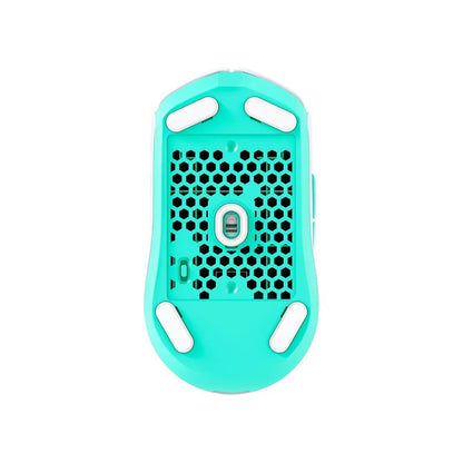 Bottom view of turquoise wireless gaming mouse with honeycomb vents and white glide pads