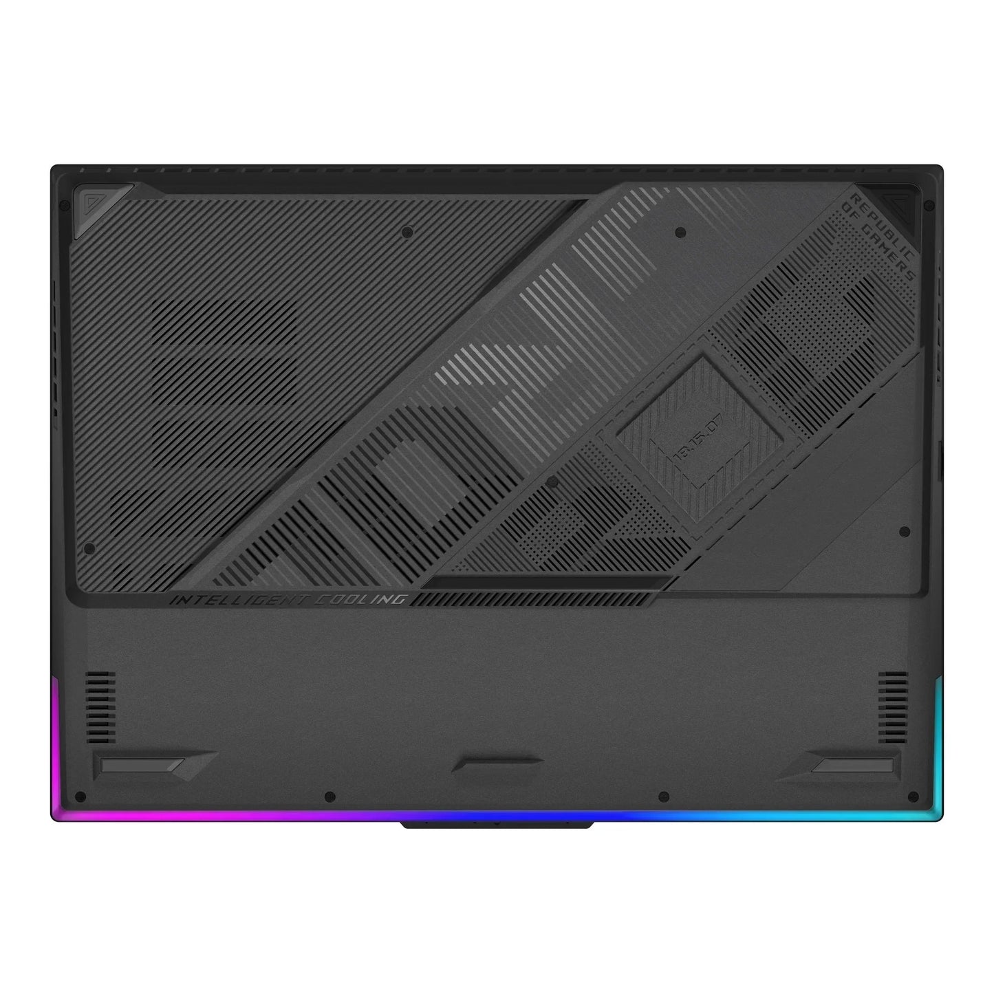 Gaming laptop bottom panel with RGB lighting and ventilation design, optimized for cooling