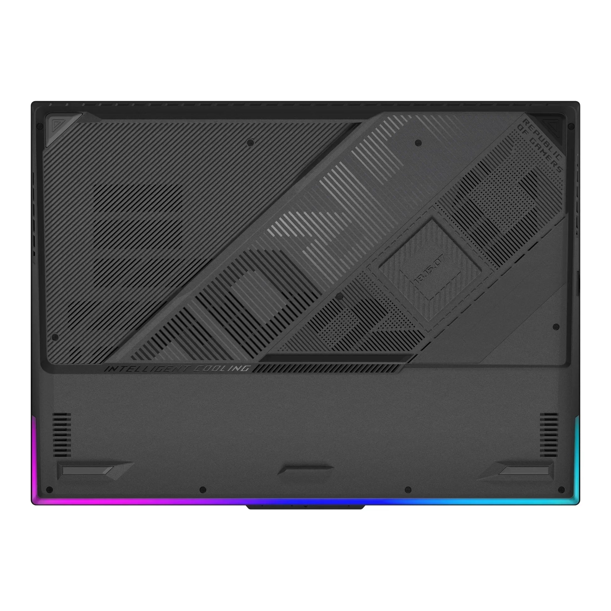 Gaming laptop bottom panel with RGB lighting and ventilation design, optimized for cooling