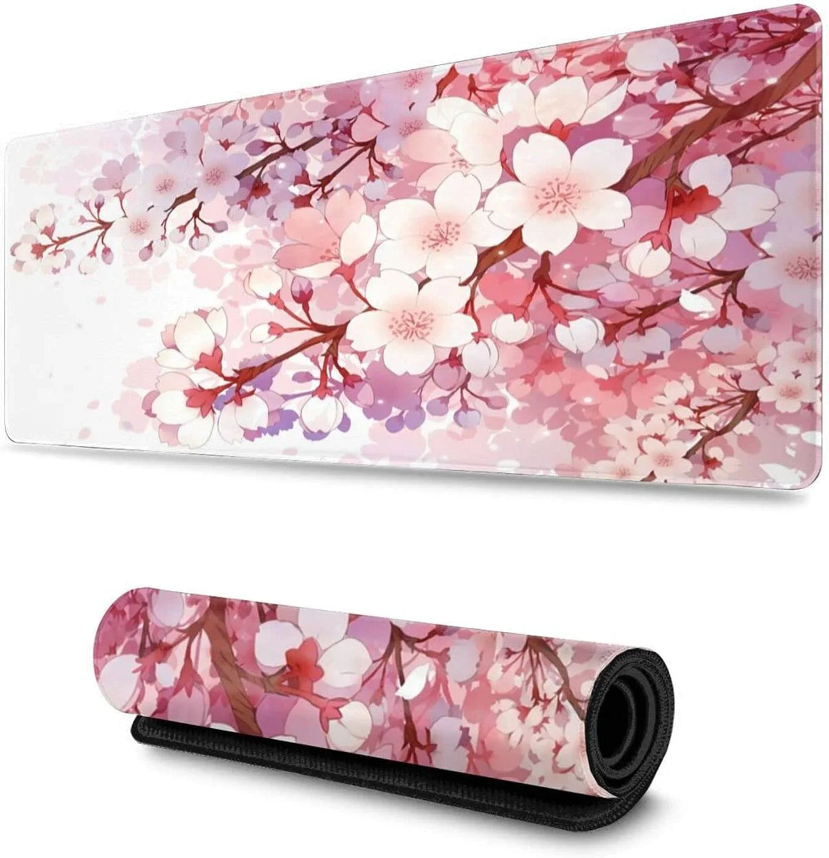 Large gaming mousepad and rolled-up version with pink and white cherry blossom flower design