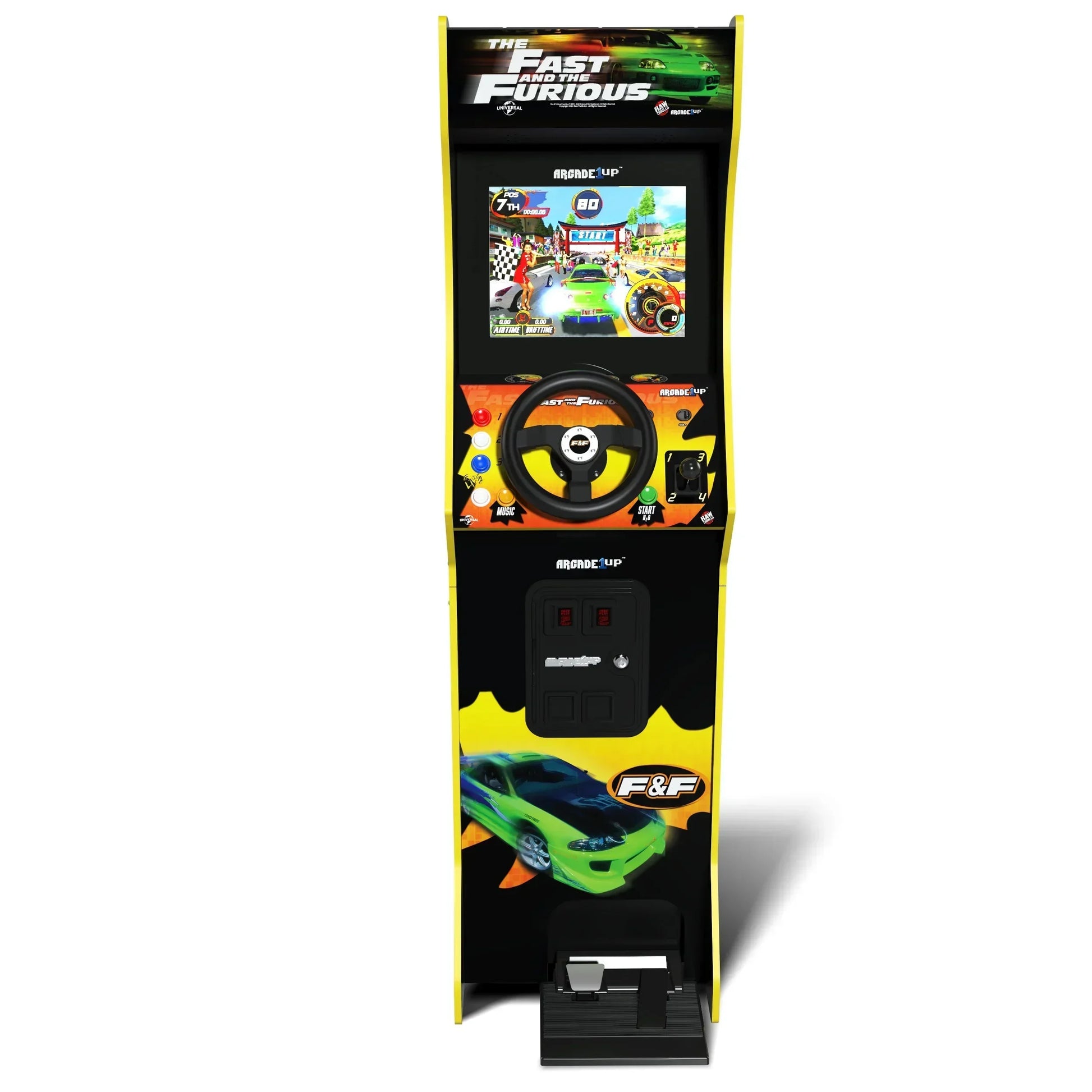 Fast and Furious arcade racing cabinet with steering wheel and racing game display, Byte Style