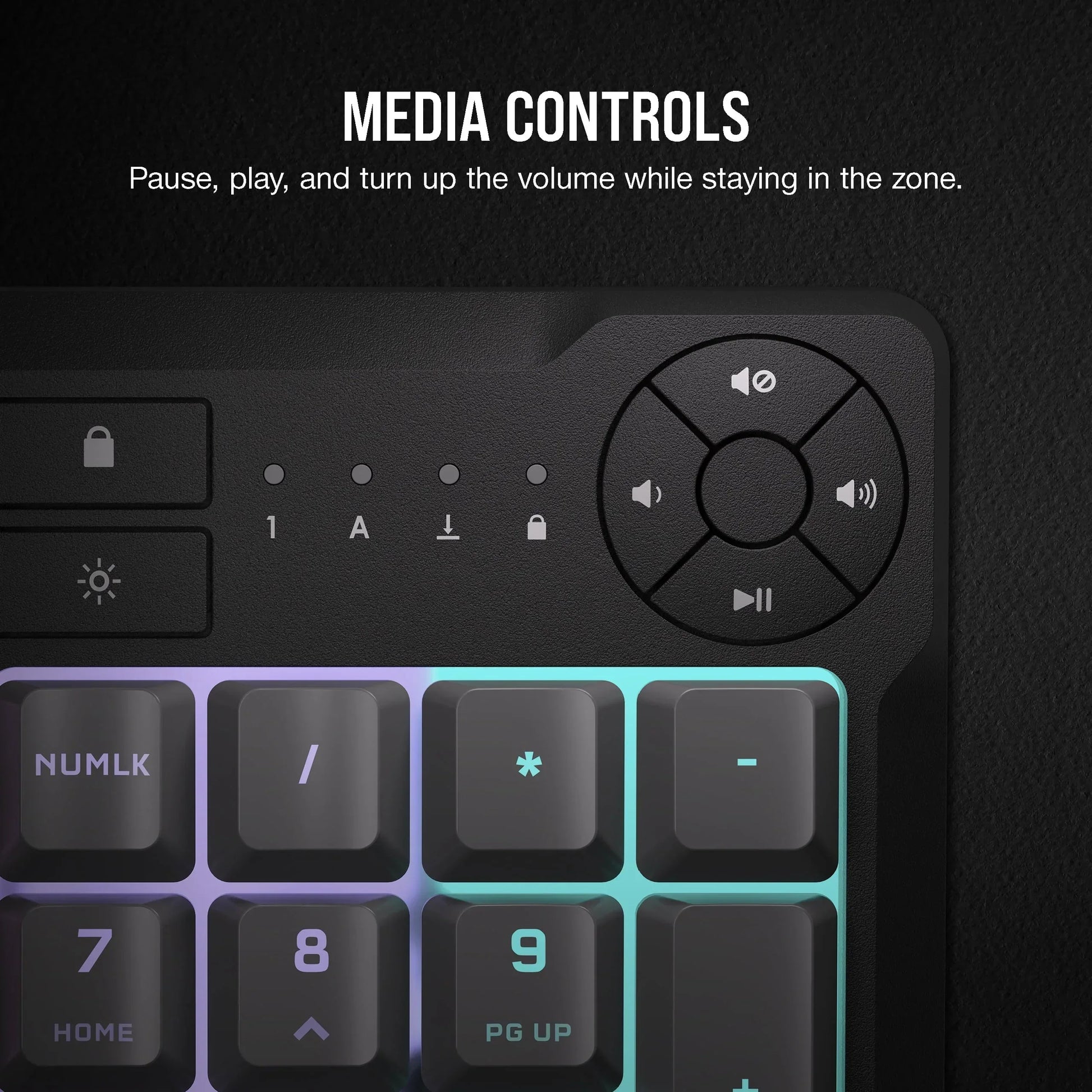 RGB gaming keyboard with dedicated media controls, volume adjustment, and lock keys