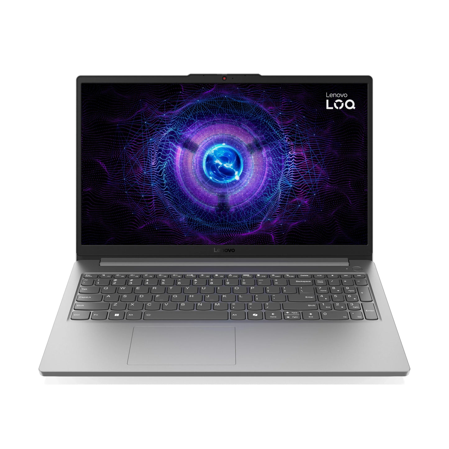 Gray Lenovo LOQ gaming laptop with illuminated purple digital design on screen