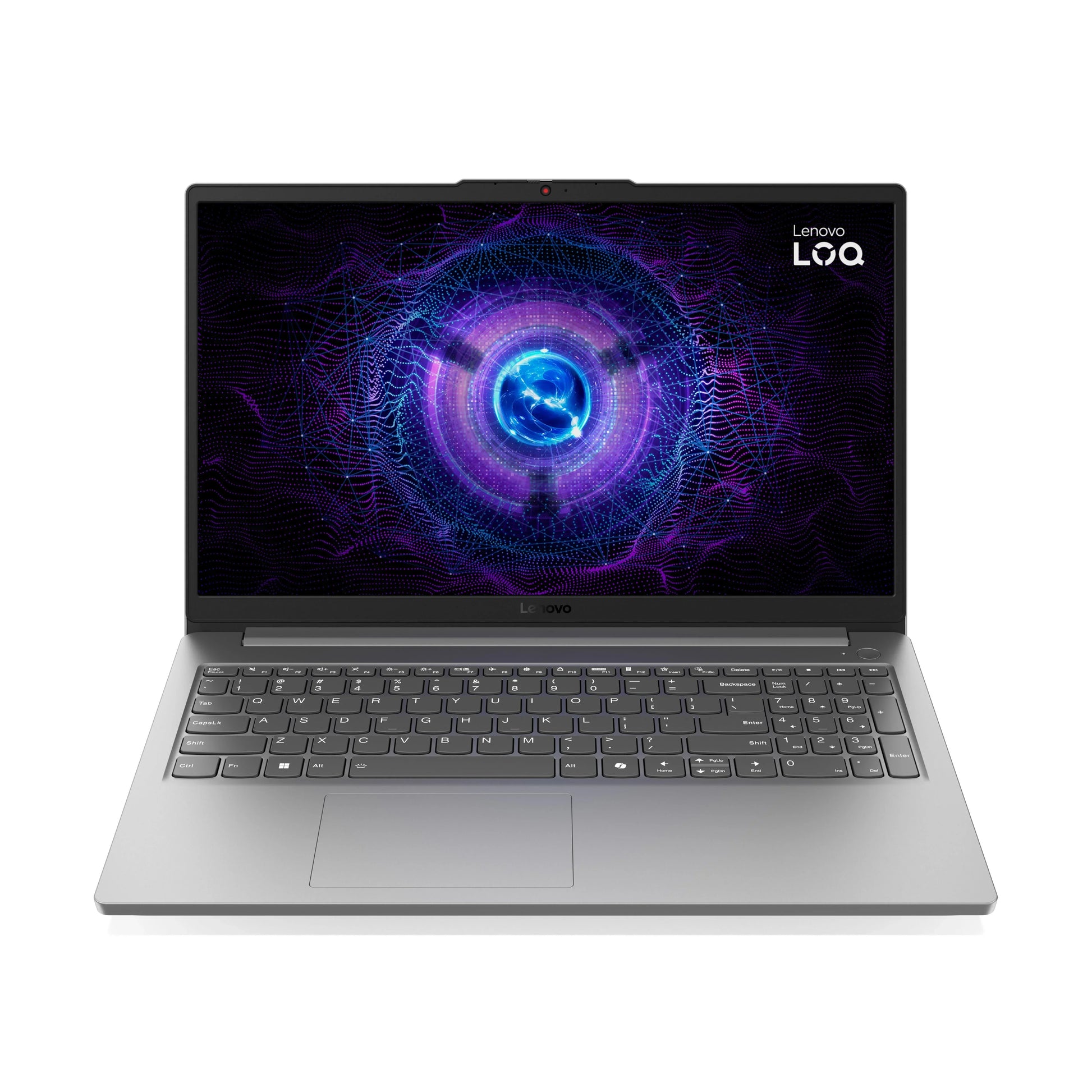 Gray Lenovo LOQ gaming laptop with illuminated purple digital design on screen
