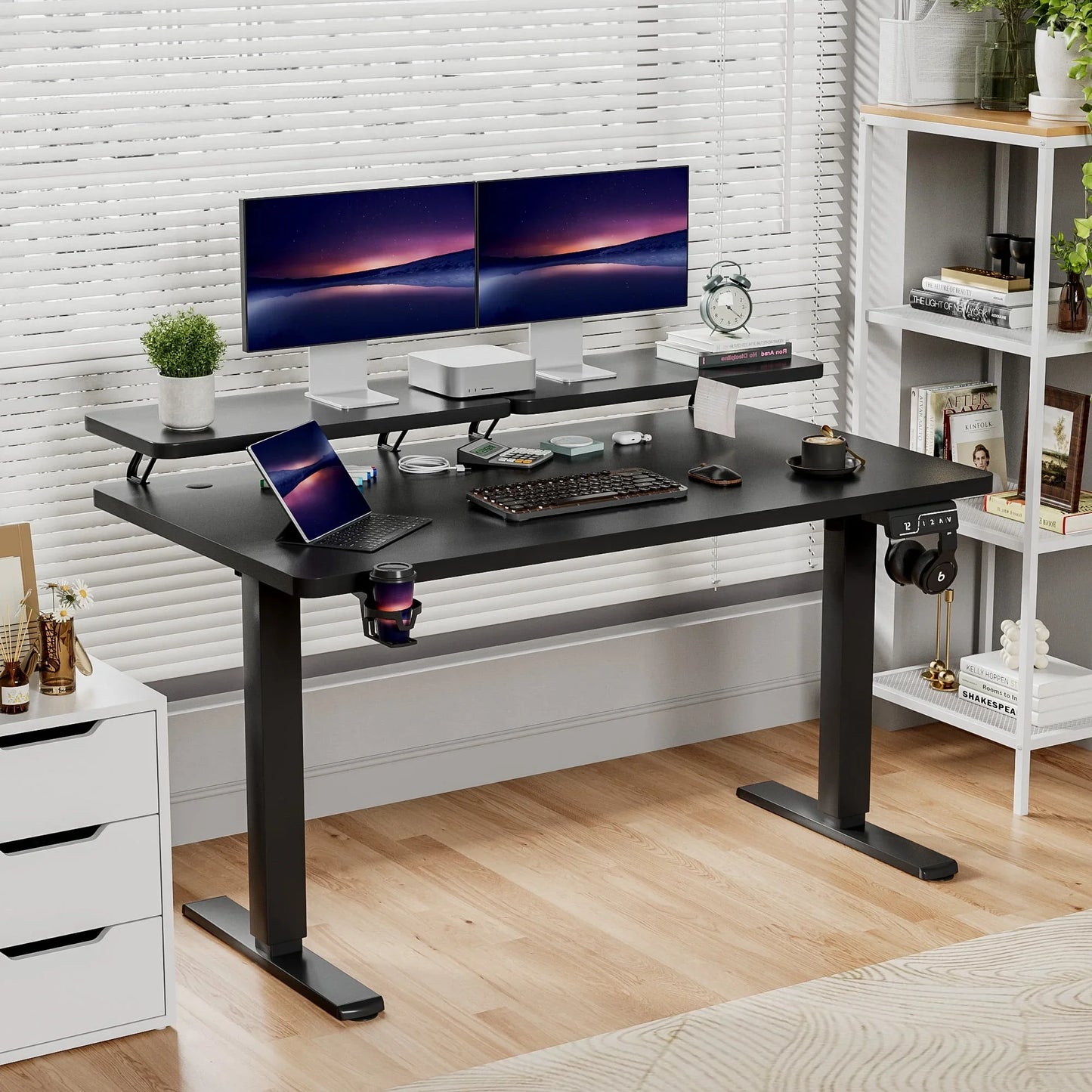 55" Wide Home Office Electric Height Adjustable Standing Desk Lifting Range 28~46" Computer Desk with Monitor Stand,Black