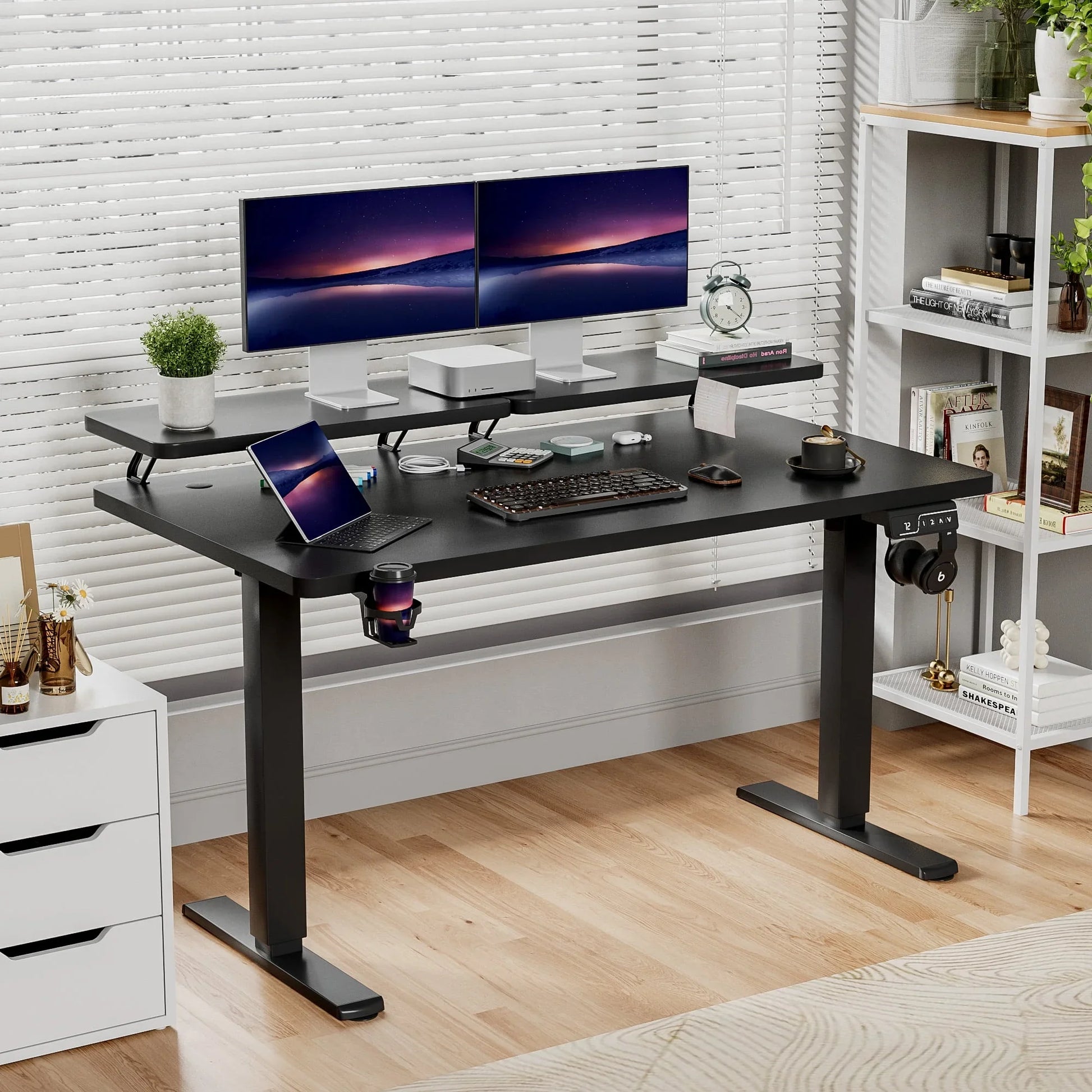 55" Wide Home Office Electric Height Adjustable Standing Desk Lifting Range 28~46" Computer Desk with Monitor Stand,Black