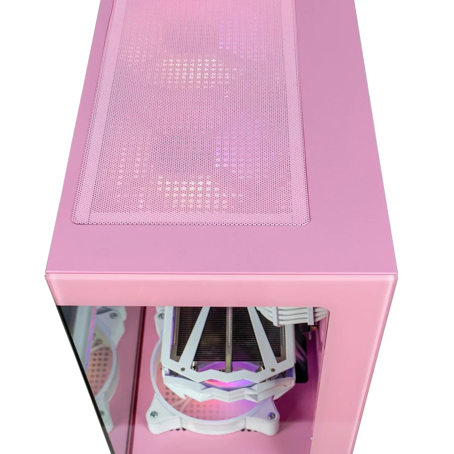 Pink gaming PC case with side glass panel and RGB cooling fans