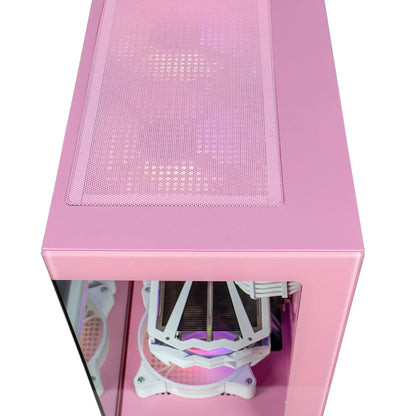 Pink gaming PC case with side glass panel and RGB cooling fans