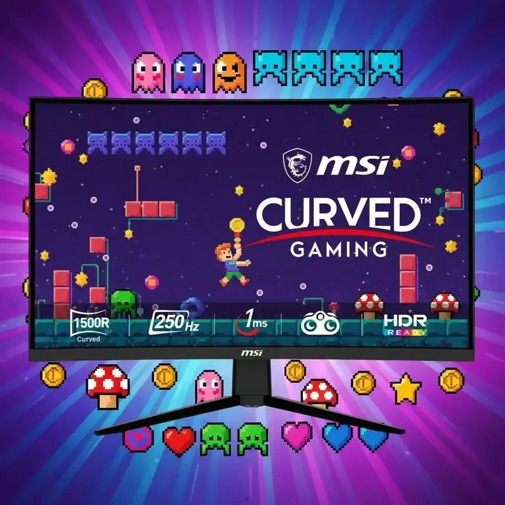 MSI curved gaming monitor with pixel art game graphics, 1500R curve, 250Hz refresh, 1ms response, HDR ready