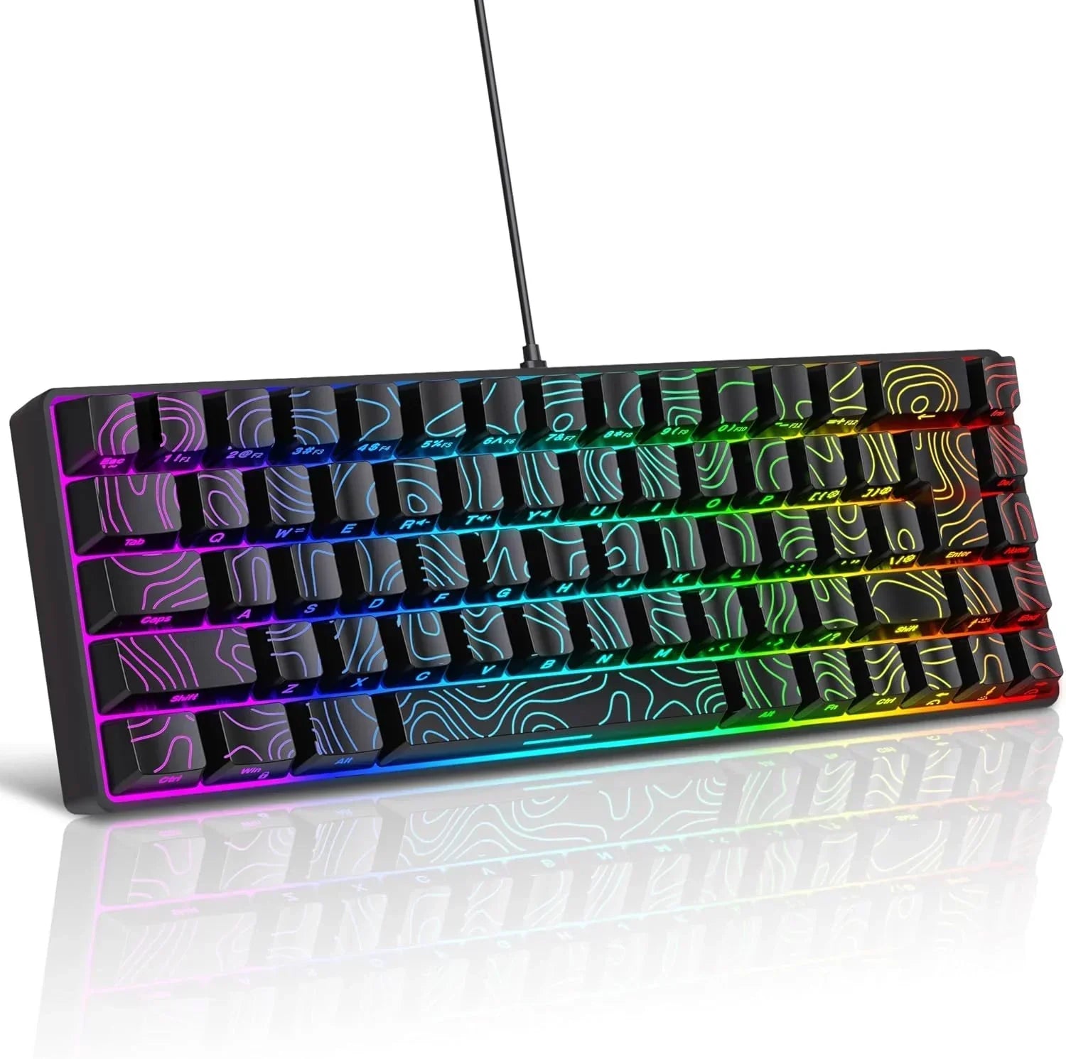 RGB backlit gaming keyboard with black keys and retro-inspired topographic design, Byte Style